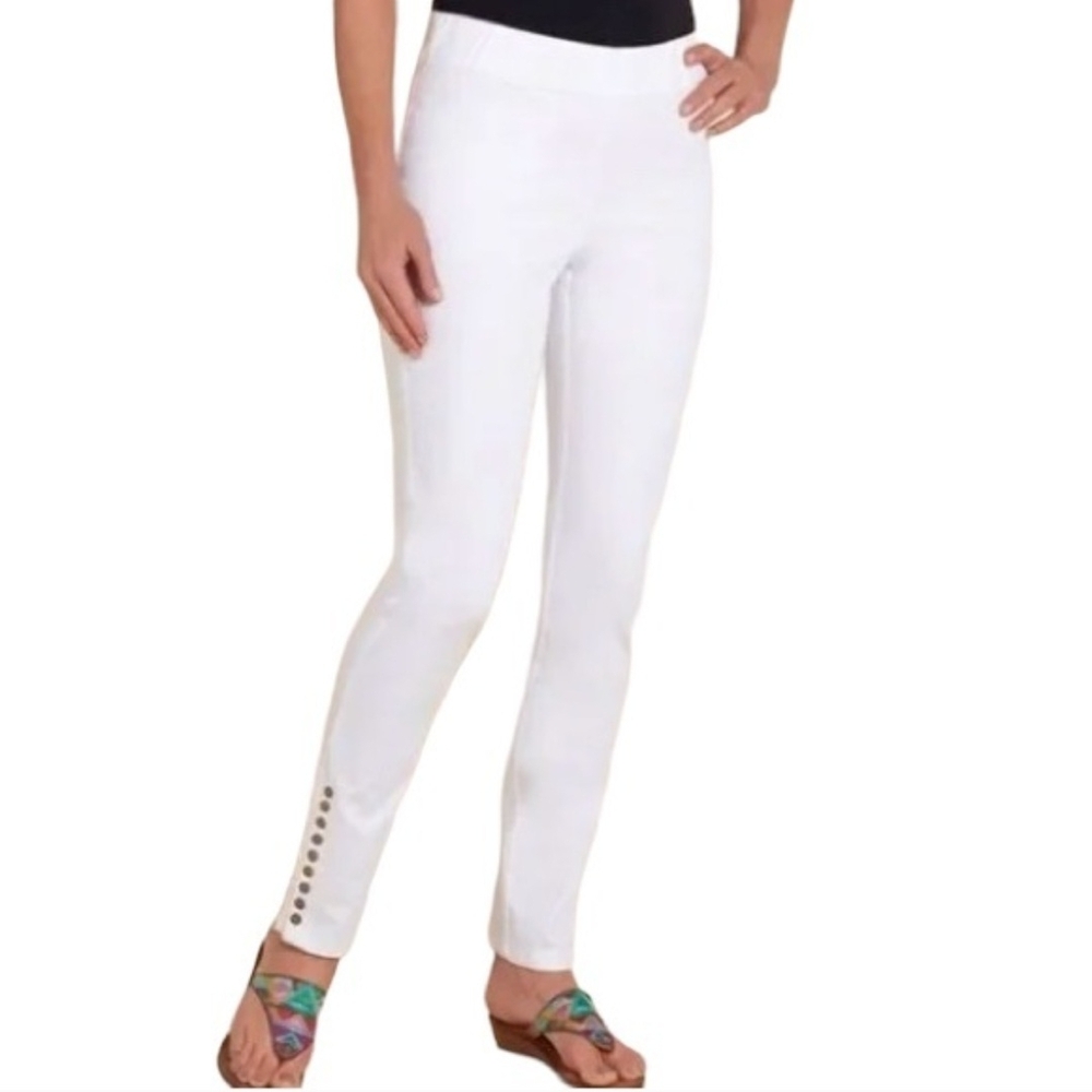 Soft Surroundings White Skinny Pull-On Pants with Ankle Button Detail